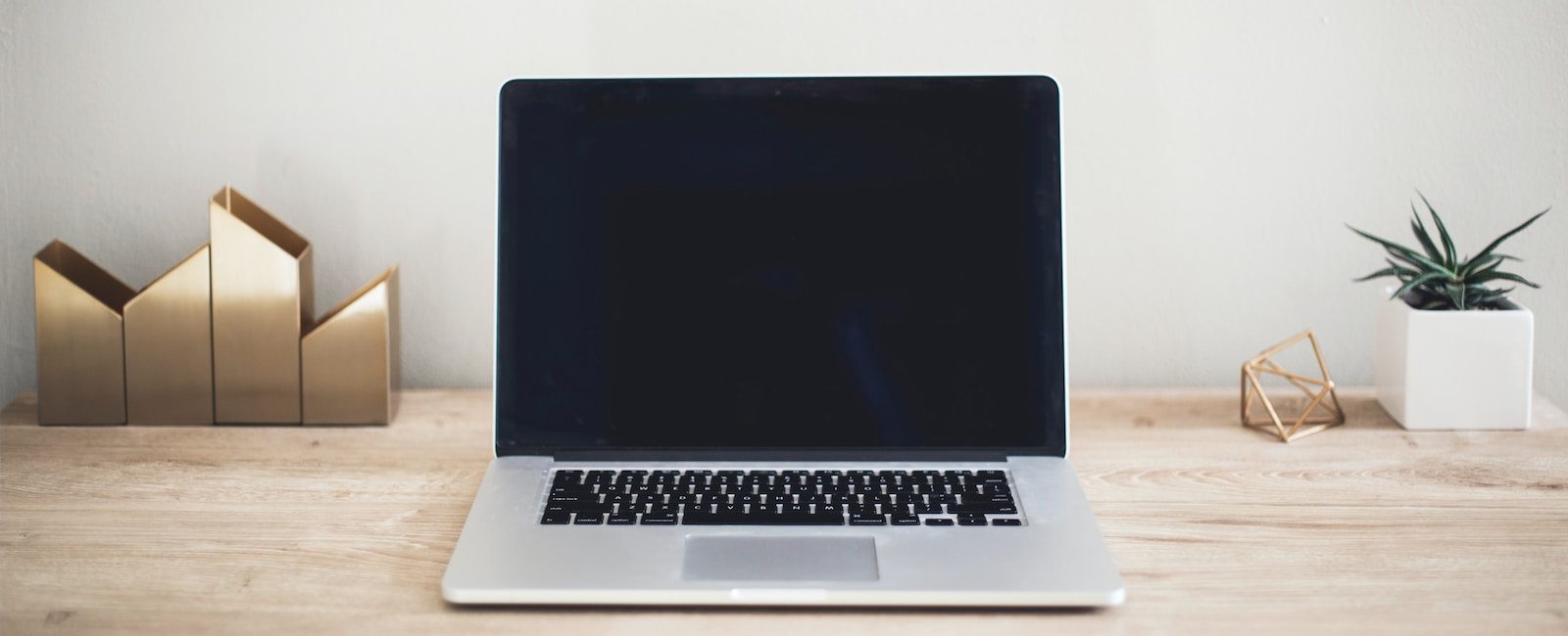 Laptop on wooden desk with gold decor and small plant in white pot