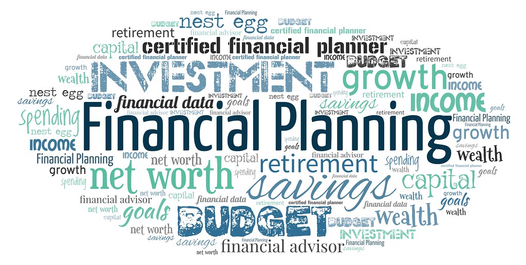 Word cloud highlighting financial planning with emphasis on investment, savings and budgeting terms