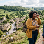 Two friends laughing on a scenic hilltop with a picturesque English village and lush countryside in the background