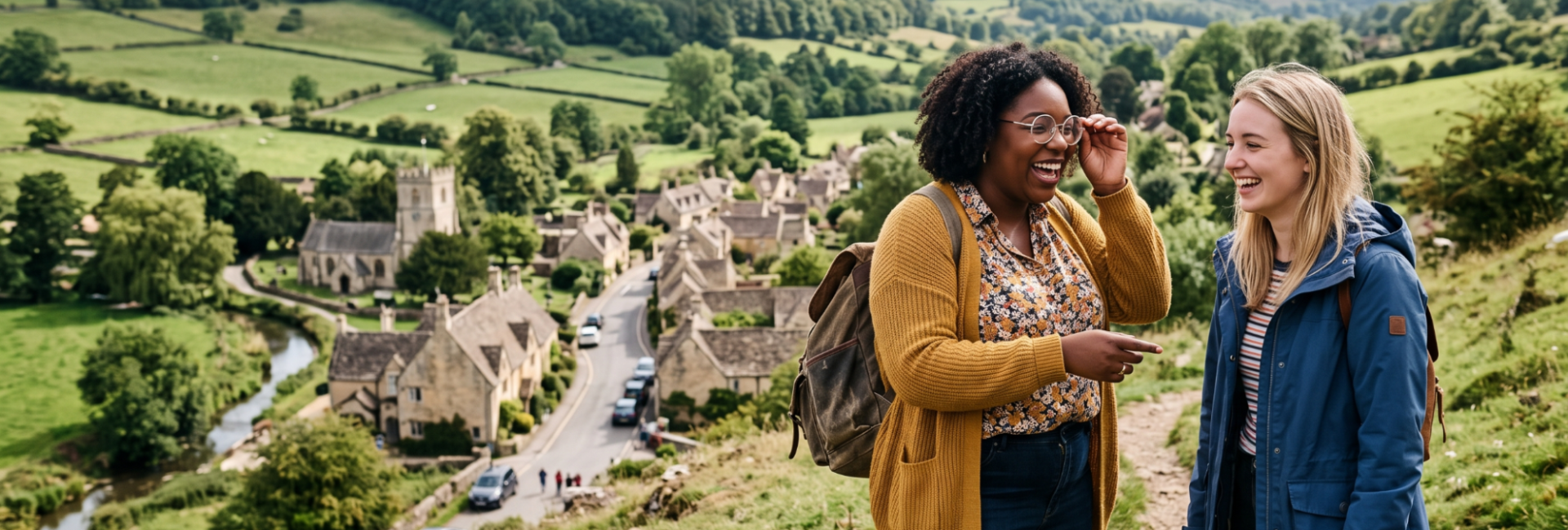 Two friends laughing on a scenic hilltop with a picturesque English village and lush countryside in the background