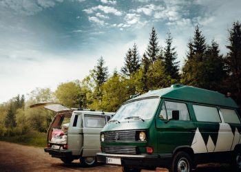Vintage campervans parked in a scenic forest setting under a cloudy blue sky, perfect for a road trip adventure
