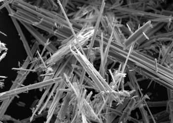 Close-up of microscopic asbestos fibres showcasing their intricate needle-like structure in black and white