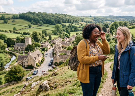 Two friends laughing on a scenic hilltop with a picturesque English village and lush countryside in the background